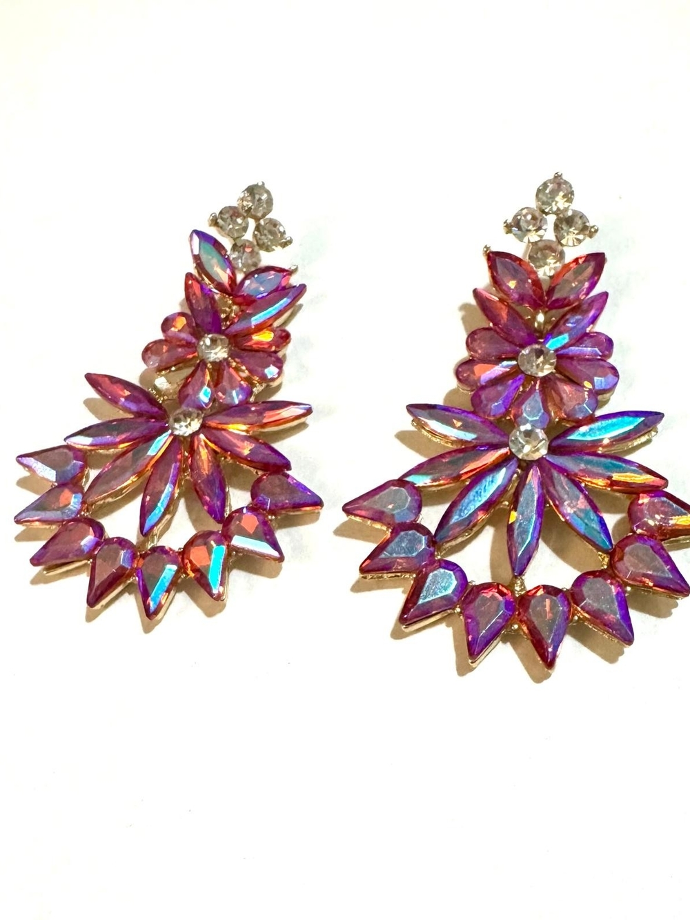 Pink Iridescent Crystal Floral Drop Earrings